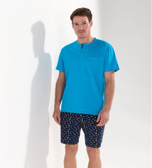 Pyjama court pour homme California imprimé Noir/Bleu