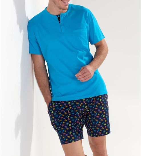Pyjama court pour homme California imprimé Noir/Bleu