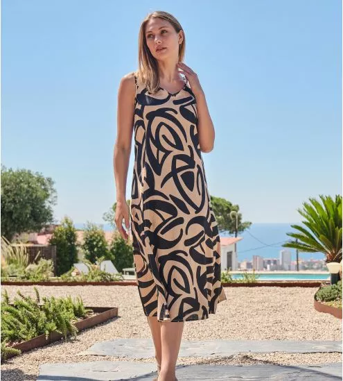 Robe longue évasée sans manches Beige/Noir