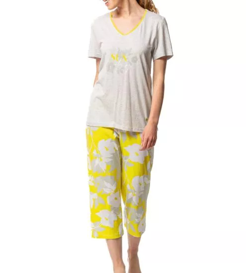 Pyjama corsaire manches courtes Jaune/Blanc