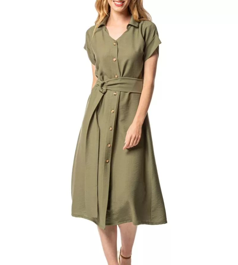 Robe longue kaki boutonnée