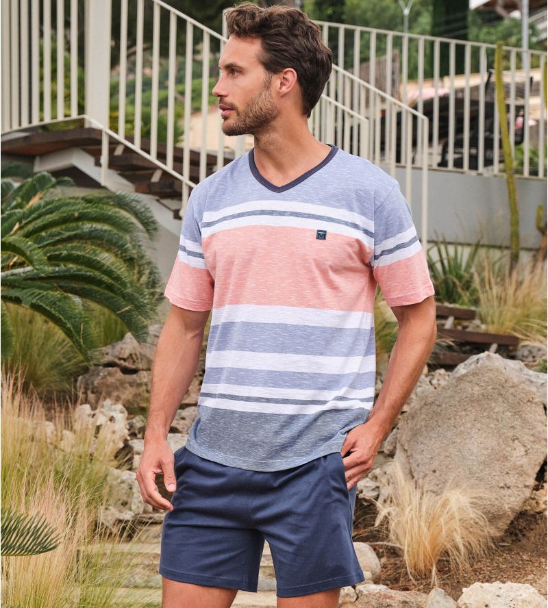Men's short pajama with blue stripes