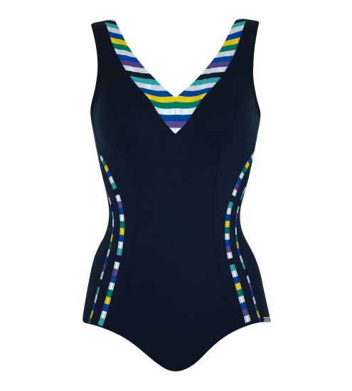 Maillot de bain une pièce bleu marine avec rayures multicolore