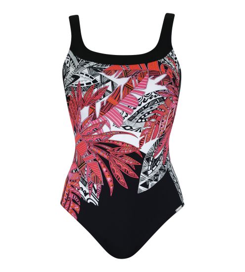 Maillot de bain une pièce post mastectomie imprimé Végétal Noir/Rouge