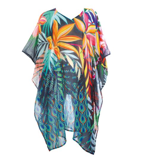 Tunique Poncho de plage imprimé tropical Noir