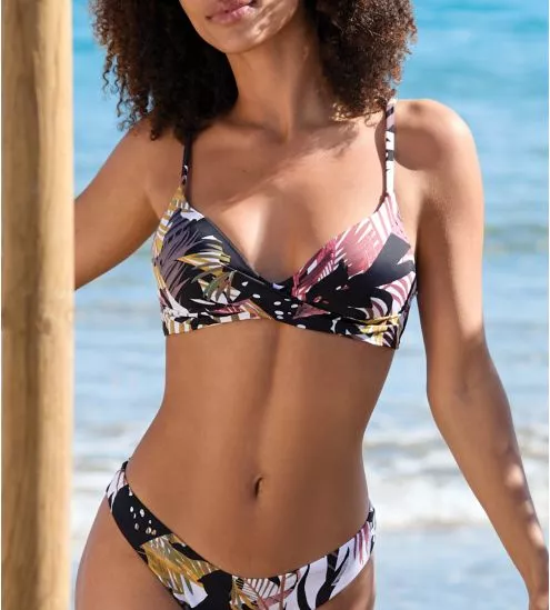 Haut de maillot de bain push up imprimé végatal multicolore sur fond noir