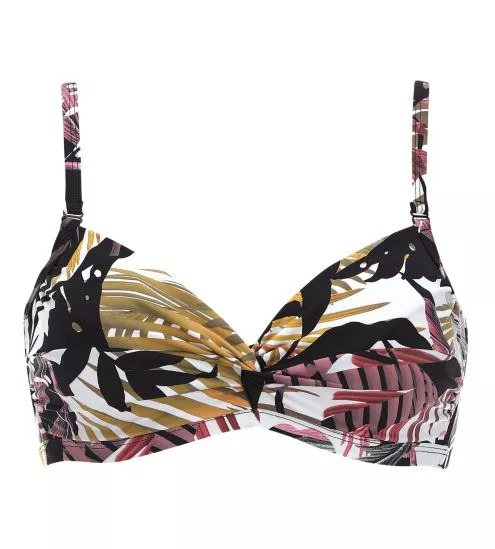 Haut de maillot de bain armatures souple imprimé végétal multicolore sur fond noir