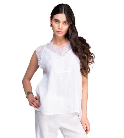 Top sans manches en lin décolleté dentelle Blanc