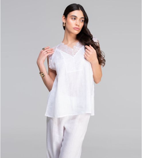 Top sans manches en lin décolleté dentelle Blanc