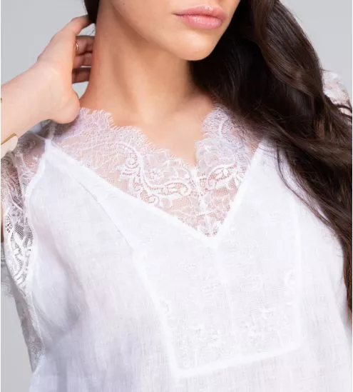 Top sans manches en lin décolleté dentelle Blanc