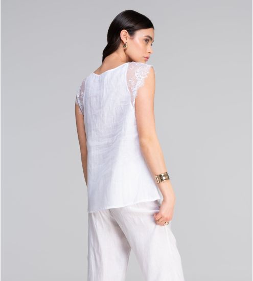 Top sans manches en lin décolleté dentelle Blanc