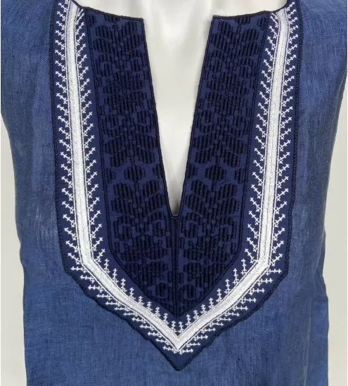Top en lin sans manches décolleté brodé Bleu