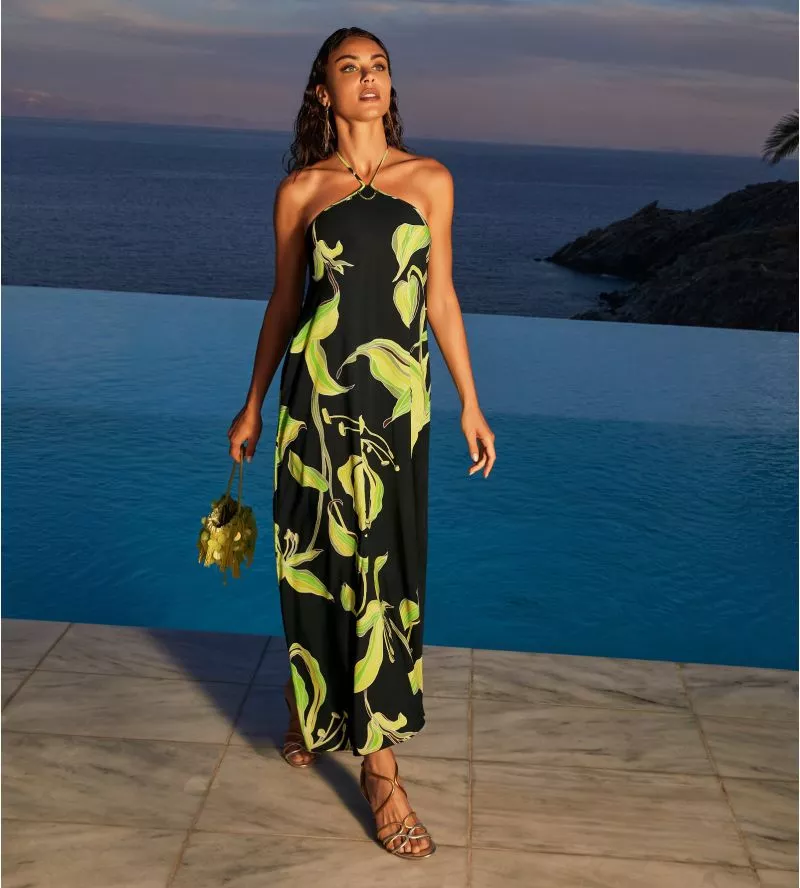 Robe longue d'été noir et verte Fleurs de Nuit Nuit Luciole