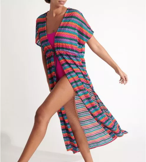 Kimono long à rayures en crochet Lizae Figueral multicolore