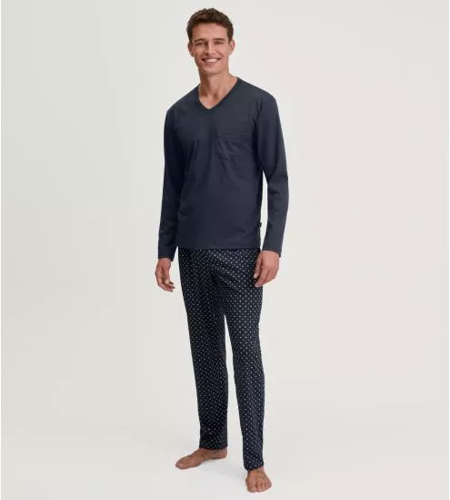 Pyjama foncé homme col en V 100% coton avec pantalon imprimé Relax Streamline Saphir Blue