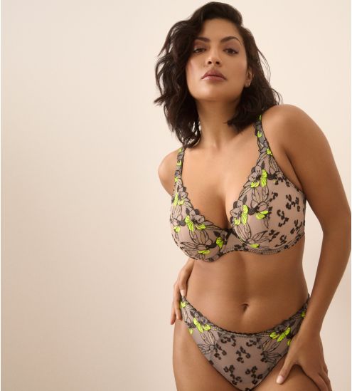 Soutien gorge décolleté plongeant grande taille semi transparent vert et noir Manali Wild Bloom