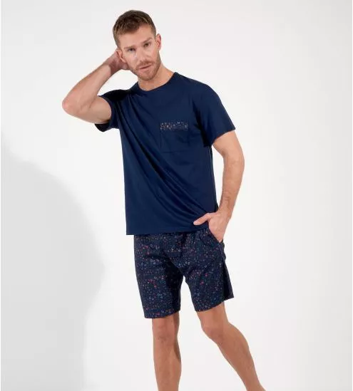 Pyjama court bleu marine homme aux motifs à fleurs Broceliande