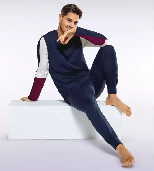 Pyjama homme col en V et pantalon resserré Marine/Blanc/Bordeaux