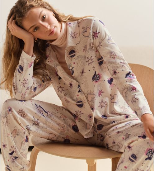 Bas de pyjama en coton bio imprimé femme Favourites Universe Charm Cream