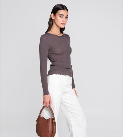Pull brun laine et soie femme taupe