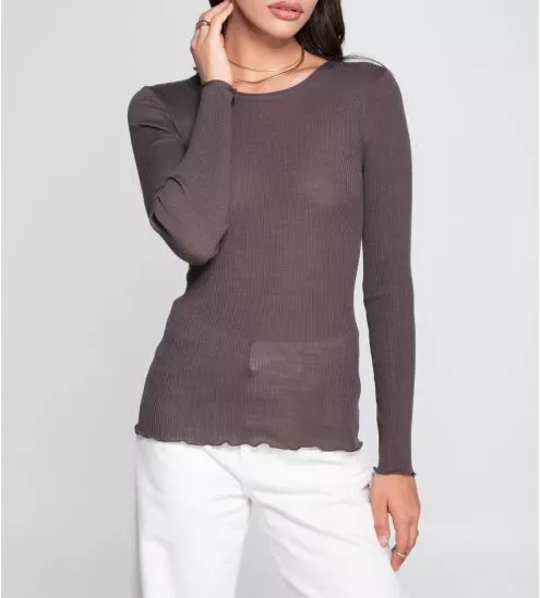 Pull brun laine et soie femme taupe