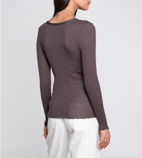 Pull brun laine et soie femme taupe