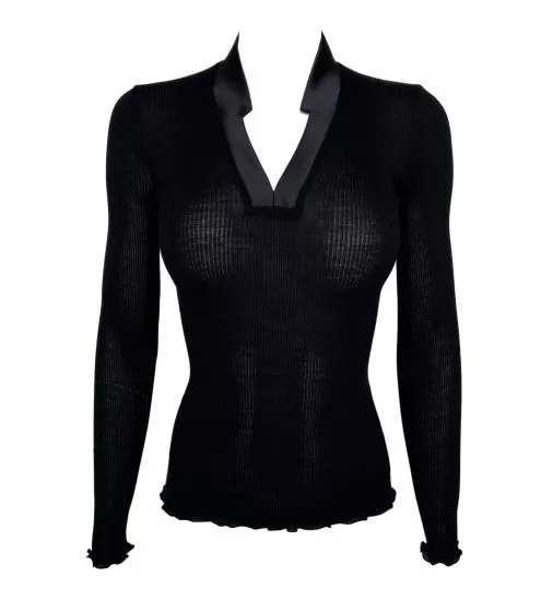 Pull noir laine & soie col en V satiné