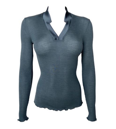 Pull bleu laine & soie col en V satiné Sucre