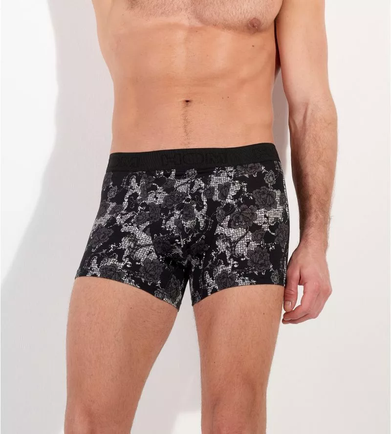 Boxer fleuri noir et blanc Fairmont avec ouverture à l'avant