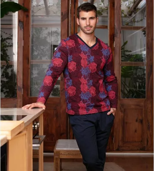 Ensemble de pyjama homme imprimé bordeaux avec fleurs