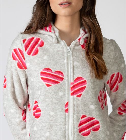 Veste à capuche pilou femme grise imprimé coeurs rayés