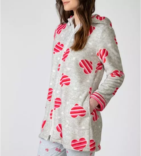 Veste à capuche pilou femme grise imprimé coeurs rayés