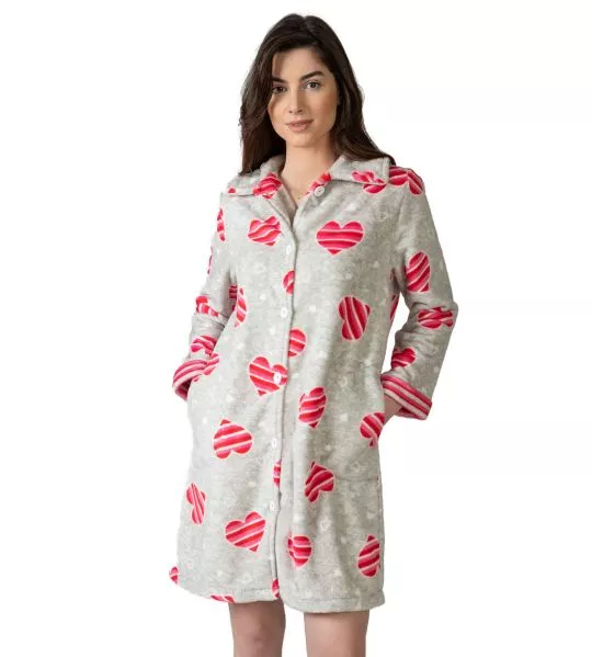 Robe de chambre pilou grise avec coeurs rayés roses