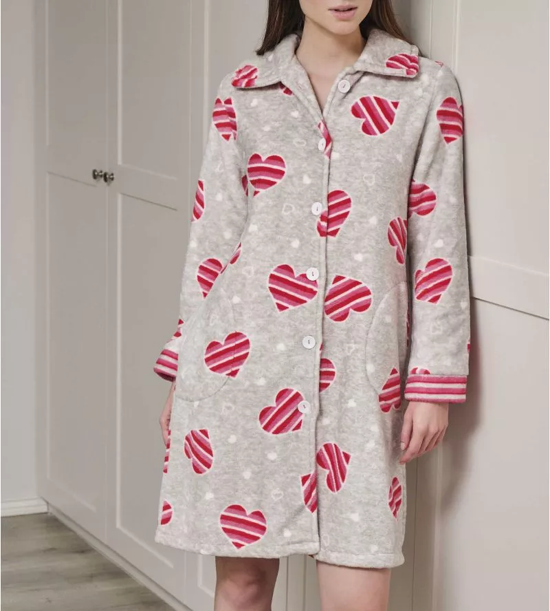 Robe de chambre pilou grise avec coeurs rayés roses