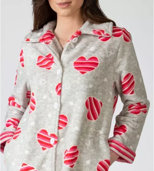 Robe de chambre pilou grise avec coeurs rayés roses