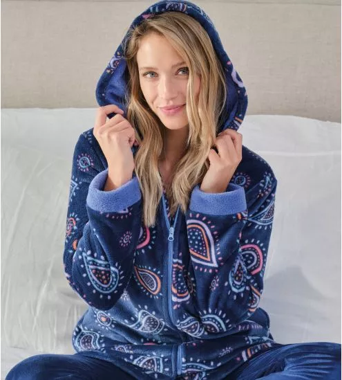 Veste pilou bleue à capuche avec imprimé fun et coloré