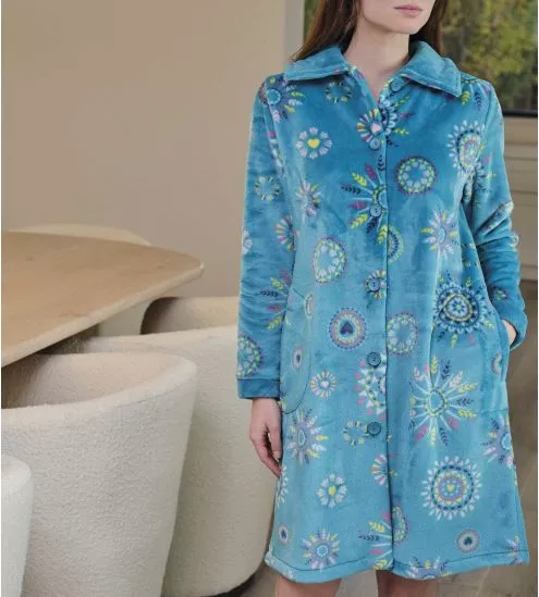 Robe de chambre pilou boutonnée bleue imprimé multicolore