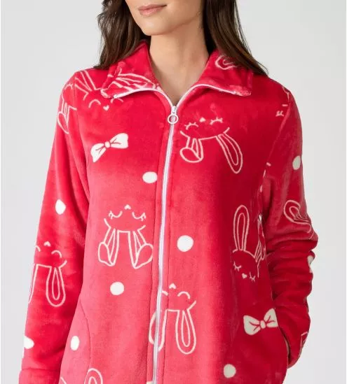 Veste rose pilou à fermeture éclair imprimé petits lapins