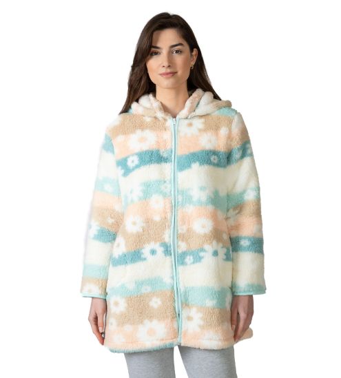 Veste à capuche colorée en fausse fourrure imprimé fleurs