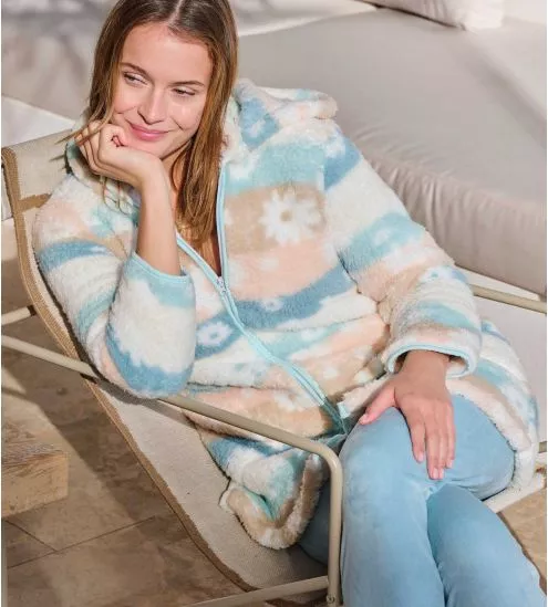 Veste à capuche colorée en fausse fourrure imprimé fleurs