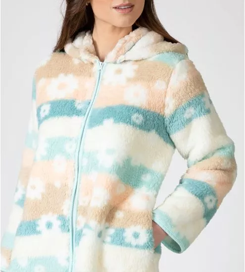 Veste à capuche colorée en fausse fourrure imprimé fleurs