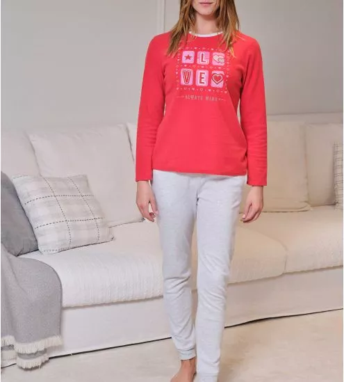 Ensemble de pyjama polaire doux pour femme Rouge/Gris imprimé Love