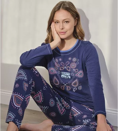 Pyjama droit bleu marine pour femme imprimé fun et coloré