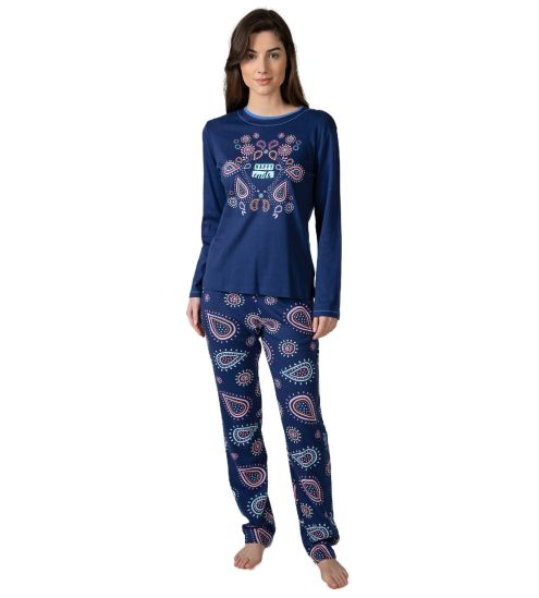 Pyjama droit bleu marine pour femme imprimé fun et coloré