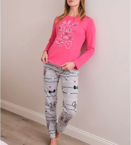 Pyjama femme manches longues rose et gris imprimé petits lapins