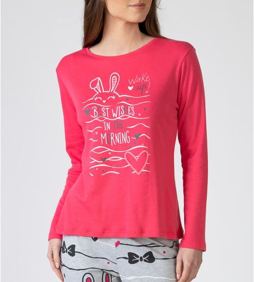 Pyjama femme manches longues rose et gris imprimé petits lapins