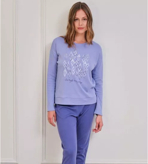 Pyjama chaud pour femme bleu avec haut imprimé