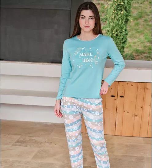 Pyjama bleu turquoise avec pantalon coloré et imprimé de petites fleurs