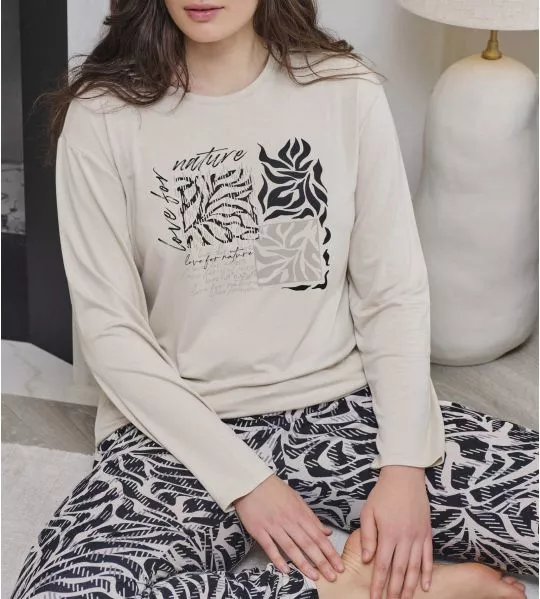 Pyjama femme en modal beige avec imprimé graphique noir