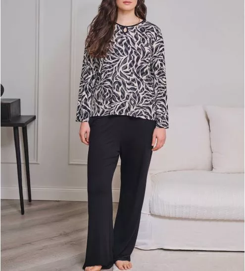 Pyjama élégant femme en modal beige et noir